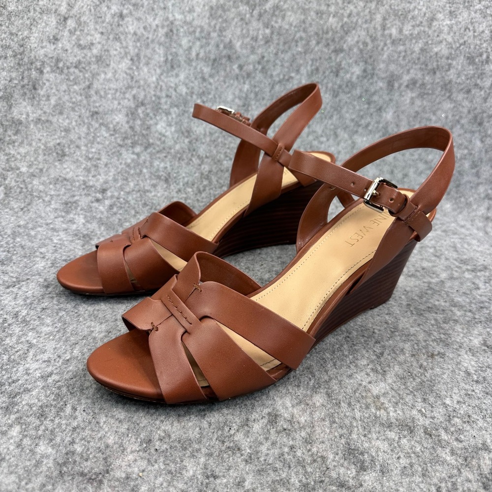 Nine West Womens Cognac Brown Wedge Sandals Ankle Strap Open Toe Heels - Picture 3 of 11